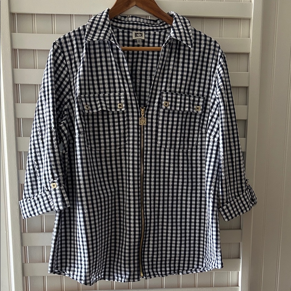 Anne Klein Black and White Gingham Button Down Shirt